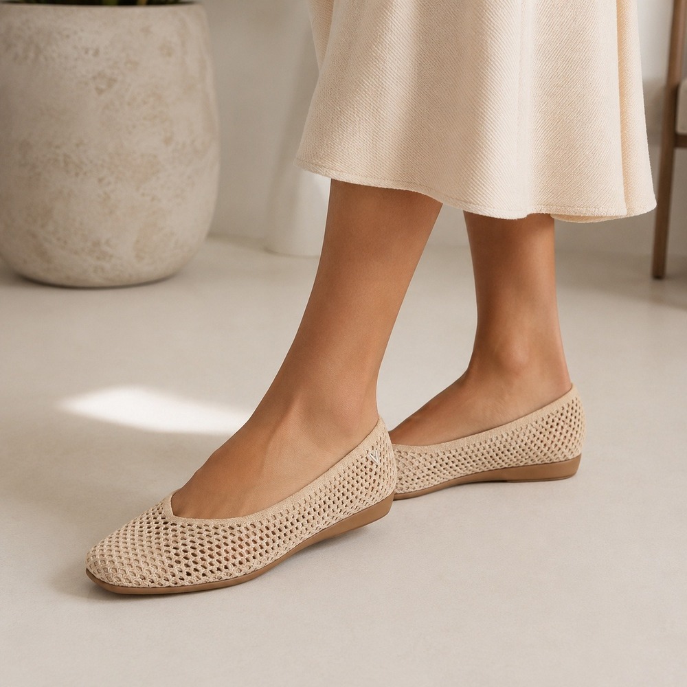 Vivaia Margot Walker Almond Mesh Square Toe Flats Beige EU 37 US 6.5